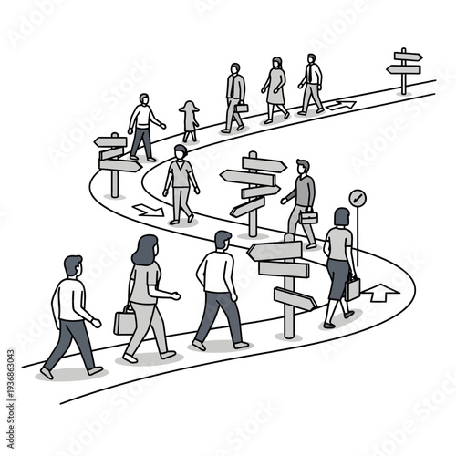 People walking on a winding path with multiple signposts on National Walking Day