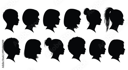 Collection of diverse female head silhouettes displaying various hairstyles and facial profiles high quality professional detailed