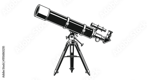 A vintage black and white illustration depicting a classic refracting telescope on a tripod high quality professional detailed