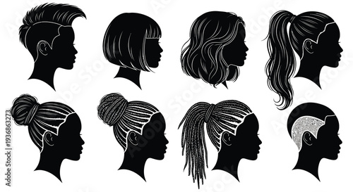 Diverse collection of female hairstyles shown in black silhouettes against a white background high quality professional