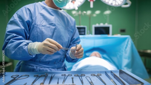 Surgeon in blue scrubs and gloves preparing surgical instruments for operation in hospital operating room
