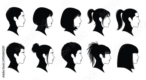 A collection of diverse female and male profile silhouettes showcasing various hairstyles high quality professional detailed