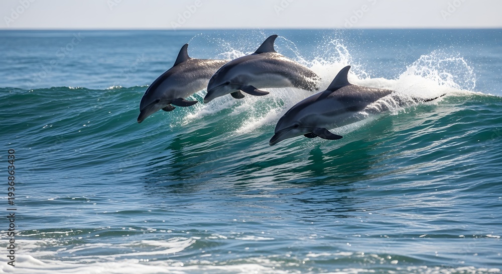 Fototapeta premium Three dolphins jumping out of the ocean waves in unison