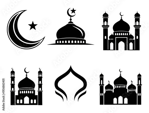 Collection of black silhouette icons representing Islamic symbols and mosque architecture, including crescent moon, star, domes, and full mosque structures.