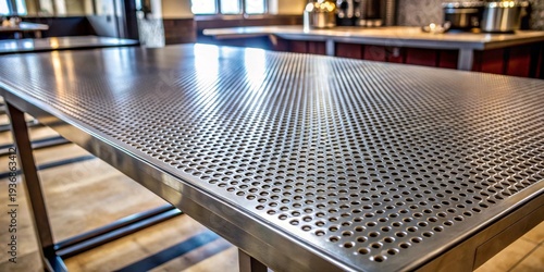 Polished metallic surface with a repeating pattern of perforations reflects ambient light, creating a modern aesthetic