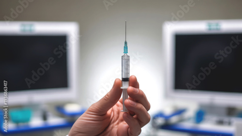 Close-up of a hand holding a medical syringe with needle, ready for injection or vaccination in a clinic