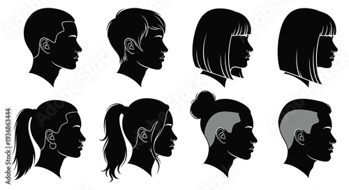 Collection of diverse silhouettes depicting various hairstyles and facial profiles in black high quality professional detailed