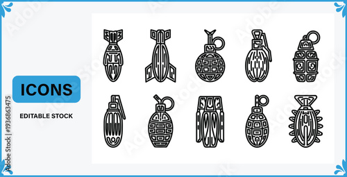 Collection of various bomb icons in different styles and shapes for graphic design and editing purposes online