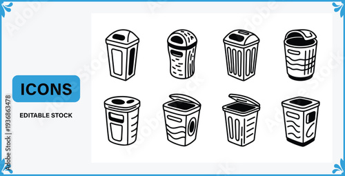 Black and white line drawing illustrations of various trash cans and bins in different styles and shapes  eight icons