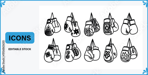 Set of boxing gloves icons with various designs and patterns  editable stock graphics for sports and fitness themes