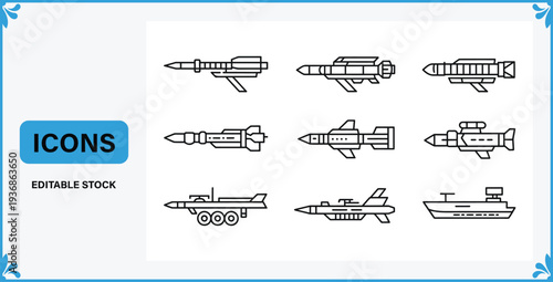 Set of line icons featuring various military vehicles and weapons  missiles and warships in modern style