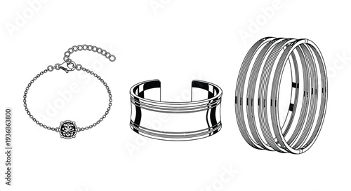 Line art illustration of three different jewelry pieces a bracelet a bangle and a chain