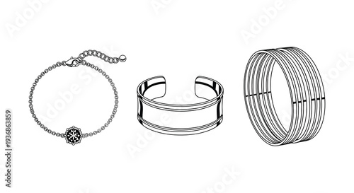 Line art illustration of three silver jewelry pieces a bracelet a bangle and a necklace