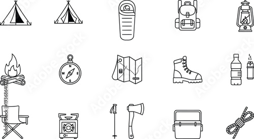 A detailed assortment of outline icons representing essential camping and outdoor adventure gear, including tents, sleeping bags, campfires, compasses, and maps, on a white background.
