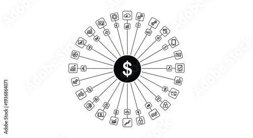 Radial diagram showcasing various financial and technological icons converging towards a dollar sign high quality professional