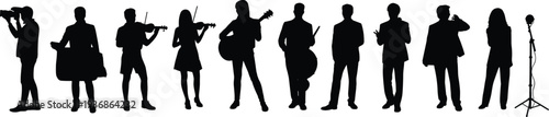 Black silhouette collection of diverse musicians and creative professionals including guitarists violinists and photographer for live music performance artistic talent a