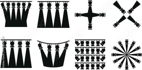 Stage lighting silhouettes set with spotlight beams and floodlights for concert events, theater performance, stadium shows, nightclub parties and professional studio photography illumination equipment