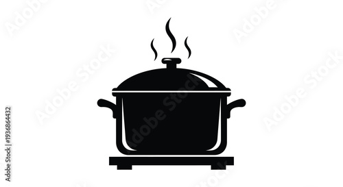 A black silhouette of a cooking pot with a lid emitting steam isolated on white