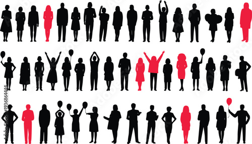 Black and red silhouette collection of diverse people standing in rows for social community demographics human resources population statistics and individuality in group concepts.