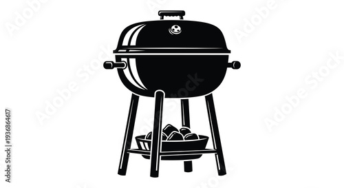 A simple black and white illustration of a classic kettle style charcoal grill with a handle high quality professional