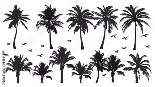 Black silhouettes of palm trees with flying birds