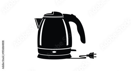 A black silhouette of an electric kettle with a plug isolated on a white background