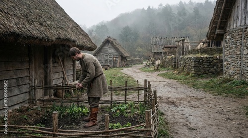 Man farmer tending to crops in a small garden patch outside a country old house. Historical homestead organic farming and simple living concept.