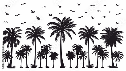 Tropical palm trees and birds in a serene natural setting