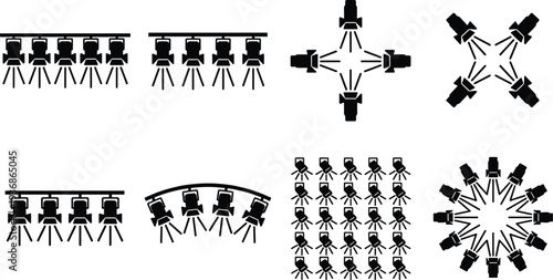 Stage lighting spotlight icons set with bright light rays for theater production, concert events, music festivals, stadium shows, nightclub parties, and professional studio equipment