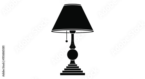 A simple black and white illustration of a classic table lamp with a rounded shade