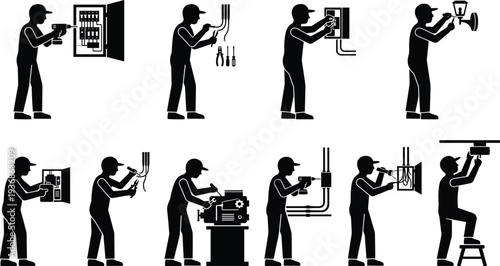 Electrician silhouettes set, electrical engineer fixing circuit breaker box, wiring, lighting, industrial maintenance workers with tools, power supply repair for stock vector illustration