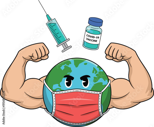 Cartoon of strong planet earth wearing a face mask with COVID-19 vaccine and syringe for global immunity pandemic recovery and world health safety concepts.