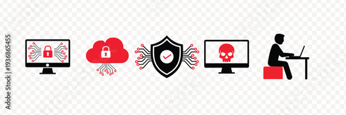 Cyber security Concept Icons: Data Protection, Cloud Security, Shield and Hacker Attack Vector Illustration