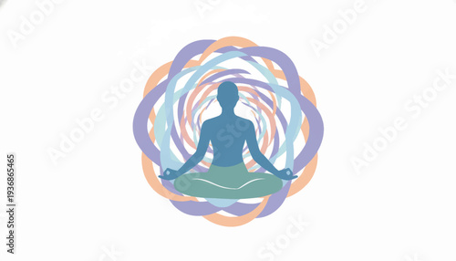 Mindfulness meditation vector illustration. Person in lotus pose with abstract aura swirls. Flat design yoga and mental health concept