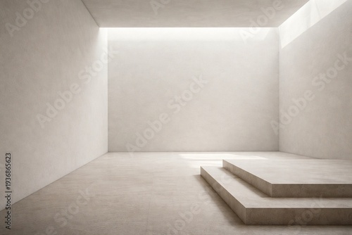 Minimal Architectural Interior with Step Platform and Soft Skylight for Product Display