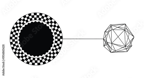 Geometric illustration depicting a checkered circle connected to a polyhedral shape with a line high quality