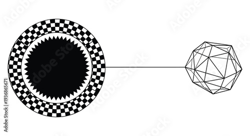 Abstract geometric illustration featuring a checkered circle and connected icosahedron in black and white high quality
