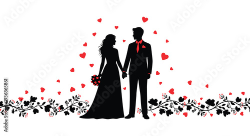 A silhouetted couple embraces lovingly surrounded by floating hearts and floral details high quality professional detailed