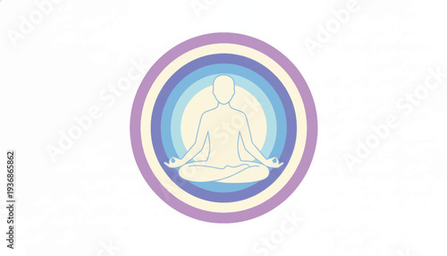 Minimalist vector icon of a person in a meditation pose. Yoga and mindfulness concept illustration. Spiritual wellness symbol with a colorful aura
