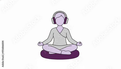 A person meditating with headphones in a lotus pose. Minimalist flat vector illustration for wellness and mindfulness concepts. Modern graphic for guided meditation or relaxation audio