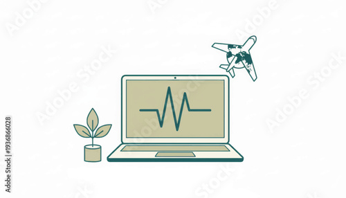 Remote work and digital nomad concept. Minimalist flat design vector illustration of a laptop with heartbeat, airplane, and plant. Global connectivity and travel symbol