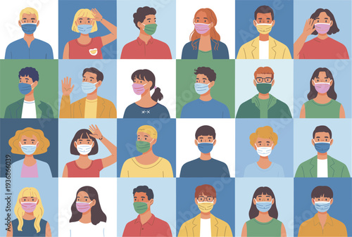 Diverse group of people wearing protective face masks for global public health safety social responsibility collective immunity and the modern new normal lifestyle concepts.