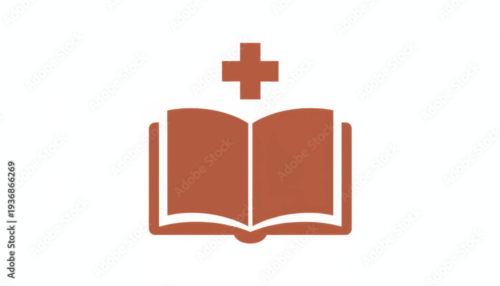 Obraz premium Medical education book icon with cross symbol. Open bible and religious faith concept. Minimalist flat design vector illustration isolated on white background