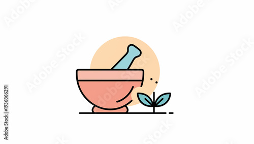 Mortar and pestle with plant for herbal medicine. Flat design vector illustration of pharmacy and apothecary icon. Natural remedy and traditional healing concept isolated on white