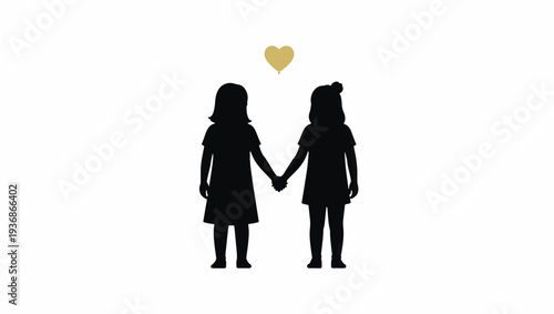 Silhouette of two girls holding hands with a gold heart. Friendship and sisterhood concept. Minimalist flat design vector illustration isolated on white background