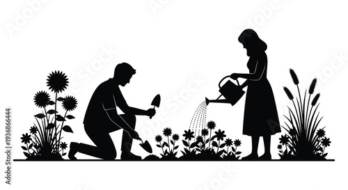 A couple gardening together in a flower bed with sunflowers and other plants high quality professional