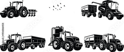Agricultural Tractor And Combine Harvester With Grain Trailer Farming Machinery Equipment Silhouette Vector Illustration Set