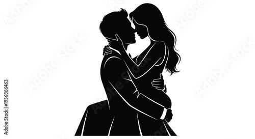 A silhouetted couple embraces in a tender moment sharing an intimate kiss against a white background