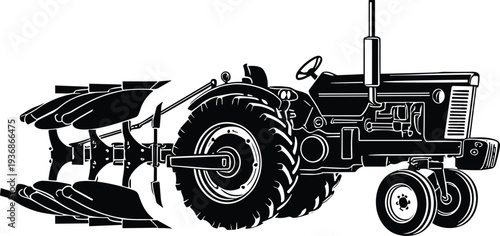 Agricultural Tractor With Plow Farming Machinery Equipment Rural Agriculture Field Work Vector Illustration
