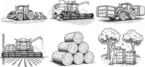 Farm Agriculture Collection With Tractor Combine Harvester Hay Bales And Beekeeping Rural Farming Vector Illustration Set